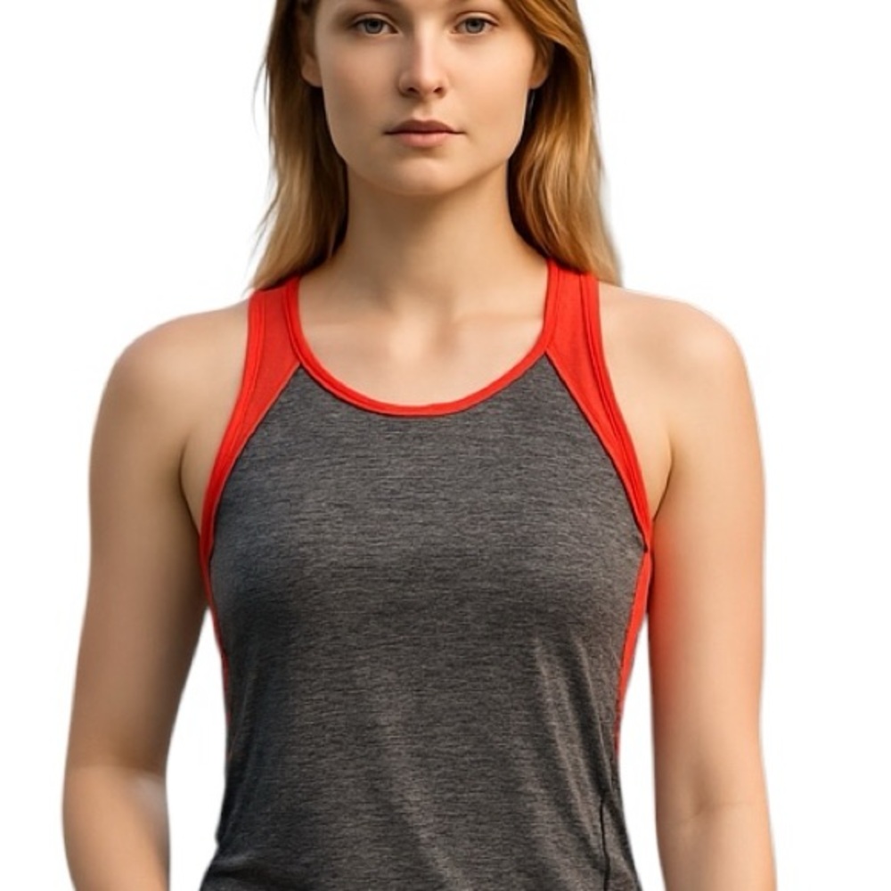 SWEATY BETTY GREY HEATHERED ORANGE PINK RUCHE SIDES STREETWEAR TANK TOP M